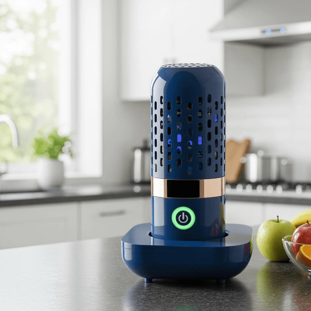 A blue ultrasonic fruit and vegetable cleaner with a glowing power button, placed on a kitchen countertop near fresh produce — designed for safe, chemical-free food preparation at home.