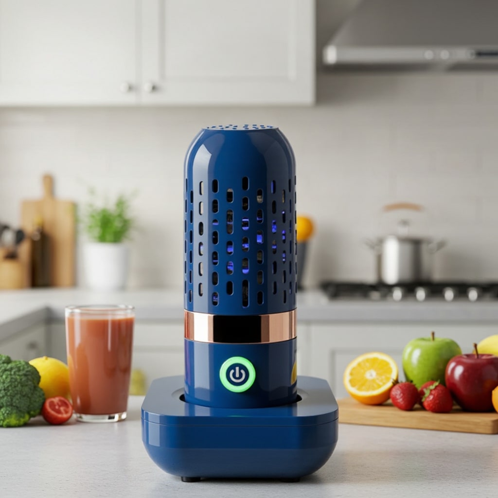 A modern ultrasonic fruit and vegetable cleaner on a kitchen counter surrounded by fresh produce and juice, showing its use for chemical-free food cleaning at home.